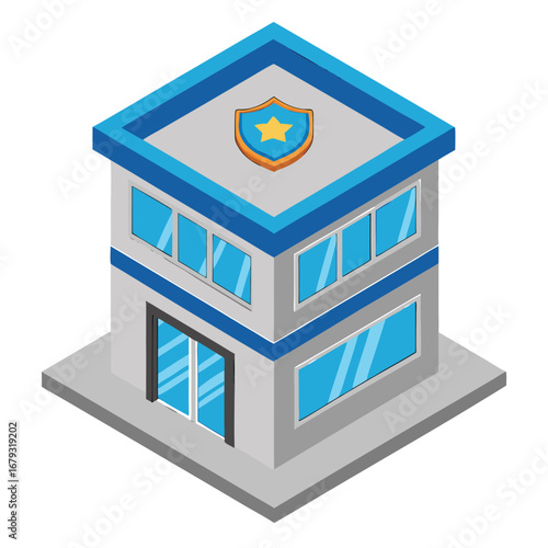 Isometric police station building with shield emblem on white background law enforcement