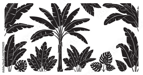 A collection of black silhouette tropical palm leaves and banana leaves creating a jungle foliage pattern on a white background with a distressed texture
