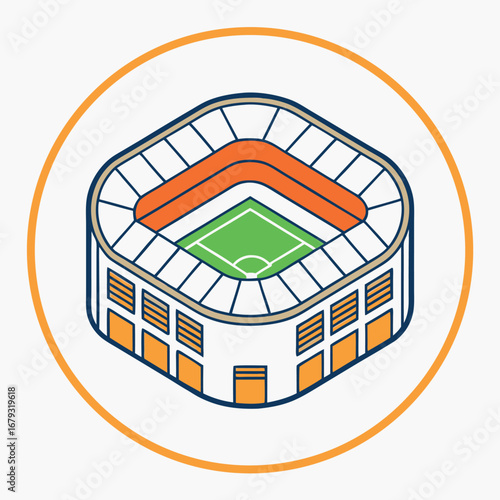 Isometric stadium with green field and orange seating in a circle sports arena