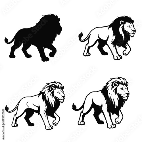 Four different lion illustrations in various styles and shading walking to the right side silhouette