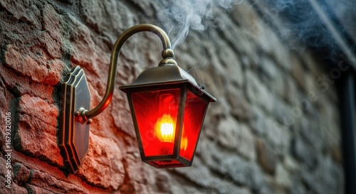 Old-fashioned wall lantern with red light and smoke on a stone wall
