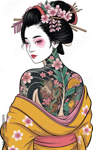 Japanese Geisha with Body Tattoos in Kimono Illustration