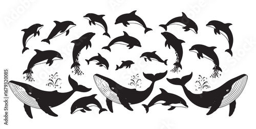 A whimsical collection of silhouetted marine mammals featuring playful dolphins and majestic whales in a stylized artistic illustration