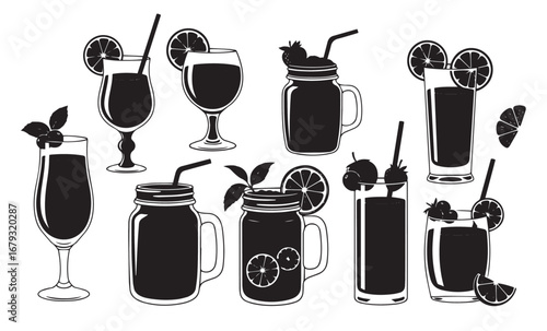 Collection of refreshing summer drinks and cocktails in various glasses and jars with garnishes and straws for a vibrant beverage illustration