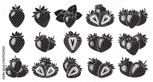 Collection of hand drawn black and white sketch style strawberries featuring whole and halved fruits with textured detail on a white background