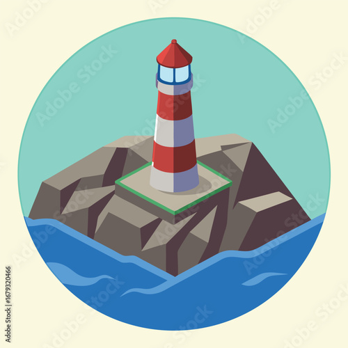 Red and white striped lighthouse on rocky island surrounded by blue water beacon ocean