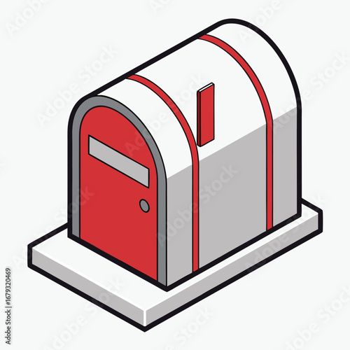 Red and white isometric mailbox with a gray base and red accents post box postal