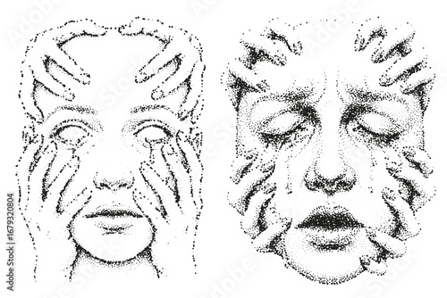 Faces Pulled by Hands, Conceptual Stipple of Mental Struggle