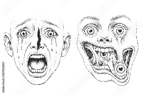Horror Faces Showing Fear and Surreal Distortion, Stipple Dot Work Art.