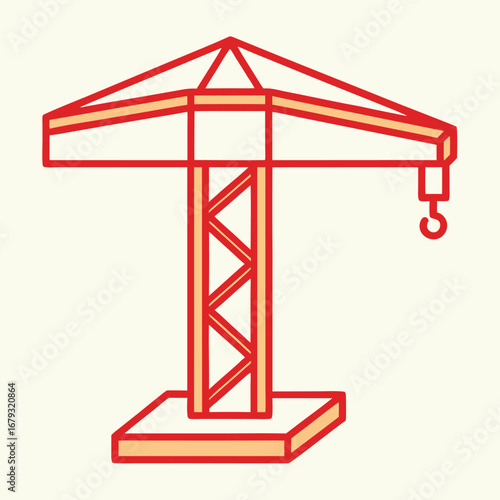 Red outline drawing of a construction crane on a beige background building industry