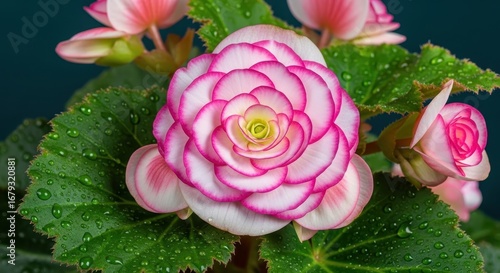 Pink and white begonia flower with water droplets petals