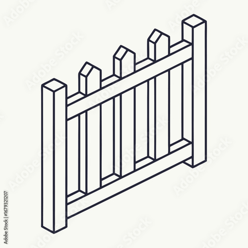 Simple Outline Isometric Wooden Picket Fence Section on White Background wooden fence boundary