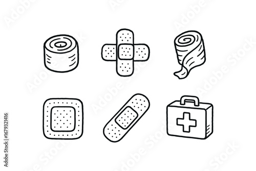 hand drawn cute doodle style line isolated on white background: bandage roll cross patch gauze wrap wound pad plaster strip first aid box