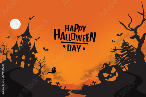 Happy Halloween Night Background with Haunted Castle and Pumpkin. vector design