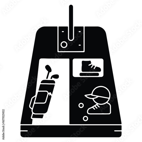 Golf simulator icon with golf clubs shoes and golfer drawing representing virtual golf experience for entertainment and practice indoors