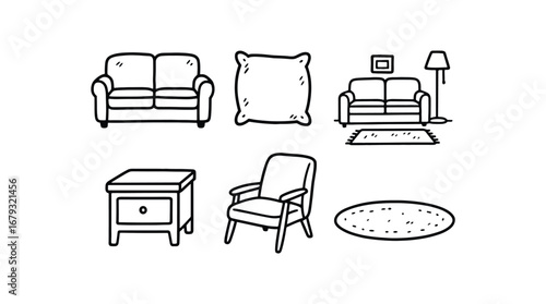 hand drawn cute doodle style line isolated on white background: sofa couch pillow living room side table lounge chair floor rug