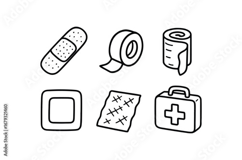 hand drawn cute doodle style line isolated on white background: adhesive bandage tape roll medical wrap wound cover gauze strip health kit