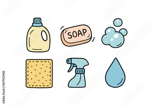 hand drawn cute doodle style line isolated on white background: detergent bottle soap bar foam bubble wash cloth spray cap water drop