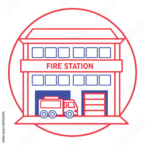 Stylized Fire Station Building with Fire Truck Inside on White Background emergency services