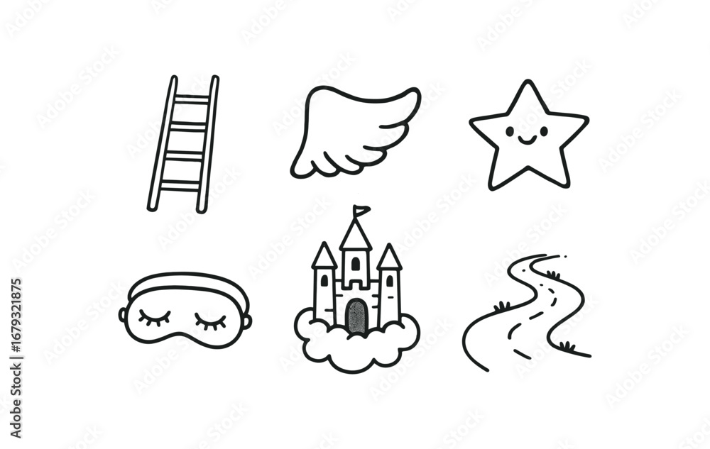 Fototapeta premium hand drawn cute doodle style line isolated on white background: dream ladder fantasy wing wish sleep mask sky castle path