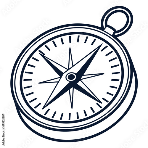 Stylized navy blue outline drawing of a compass with a ring navigation direction