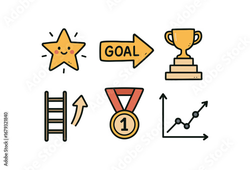 hand drawn cute doodle style line isolated on white background: ambition goal arrow trophy stand career ladder medal progress line