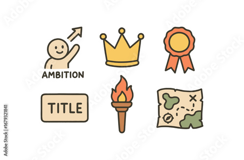 hand drawn cute doodle style line isolated on white background: personal ambition crown award ribbon title tag fire torch success map