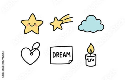 hand drawn cute doodle style line isolated on white background: wish shooting cloud heart tag dream note candle flame