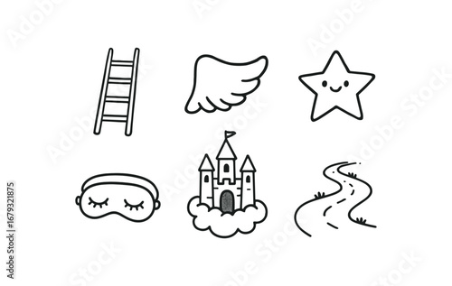 hand drawn cute doodle style line isolated on white background: dream ladder fantasy wing wish sleep mask sky castle path