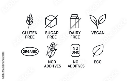 simple outline stroke icon 8 different gluten free sugar free dairy free vegan mark organic label non gmo no additives eco leaf isolated on white background