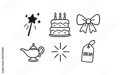 hand drawn cute doodle style line isolated on white background: magic wish birthday cake gift bow genie lamp spark line dream tag