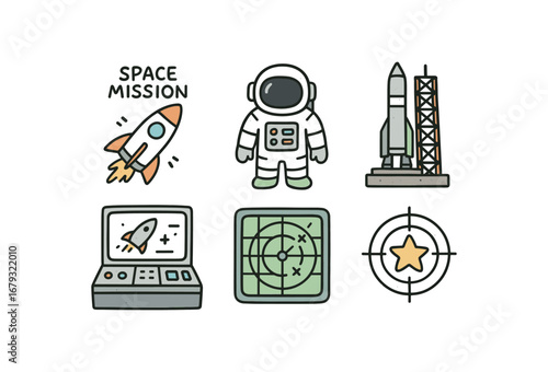 hand drawn cute doodle style line isolated on white background: space mission astronaut suit launch pad control room radar map