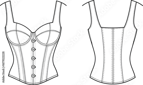 Corset top fashion flat sketch, women bustier design, lingerie template, fitted garment illustration, sewing pattern vector, technical clothing drawing
