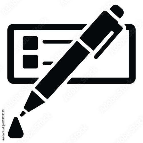 Illustration of a black pen signing a document on white background with a drop of ink showcasing precision and formalization