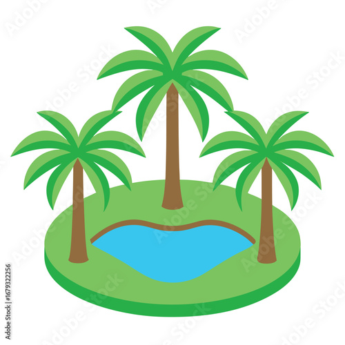Three palm trees surrounding a blue pool on a green grassy island isometric water oasis