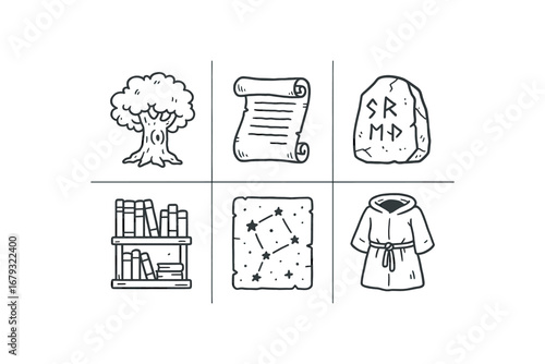 hand drawn cute doodle style line isolated on white background: tree old scroll ancient stone library shelf map monk robe