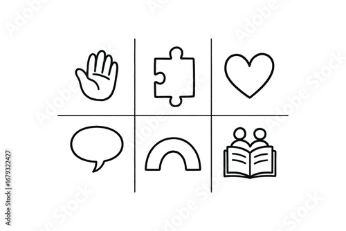 hand drawn cute doodle style line isolated on white background: understanding hand puzzle piece heart sign dialogue bubble bridge arch shared book