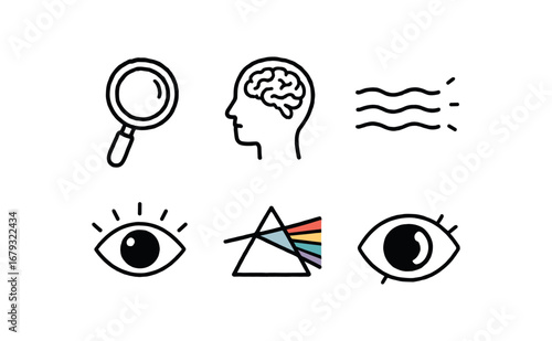 hand drawn cute doodle style line isolated on white background: magnifying glass brain head clarity line prism light open eye sharp view