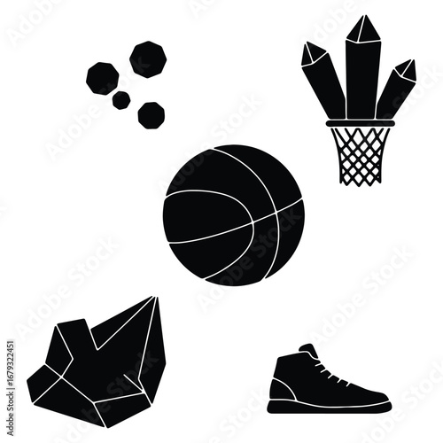 Minimalist Black and White Illustration Featuring Basketball Rocks and Crystals for Sports or Geology Themes