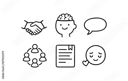 hand drawn cute doodle style line isolated on white background: handshake deal open mind speech line group circle study page empathy face