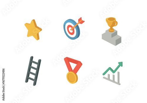 isometric icon items isolated on white background ambition goal arrow trophy stand career ladder medal progress line