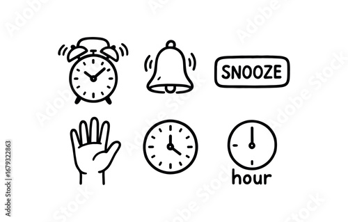 hand drawn cute doodle style line isolated on white background: alarm clock bell ring snooze button wake hand time dial hour