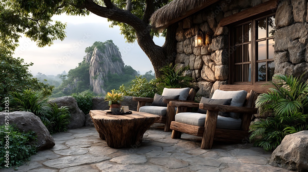 Fototapeta premium A realistic high-definition photo of a garden patio with lounge chairs and coffee table.