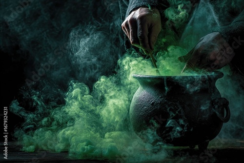 witch preparing potion cauldron bubbling green smoke