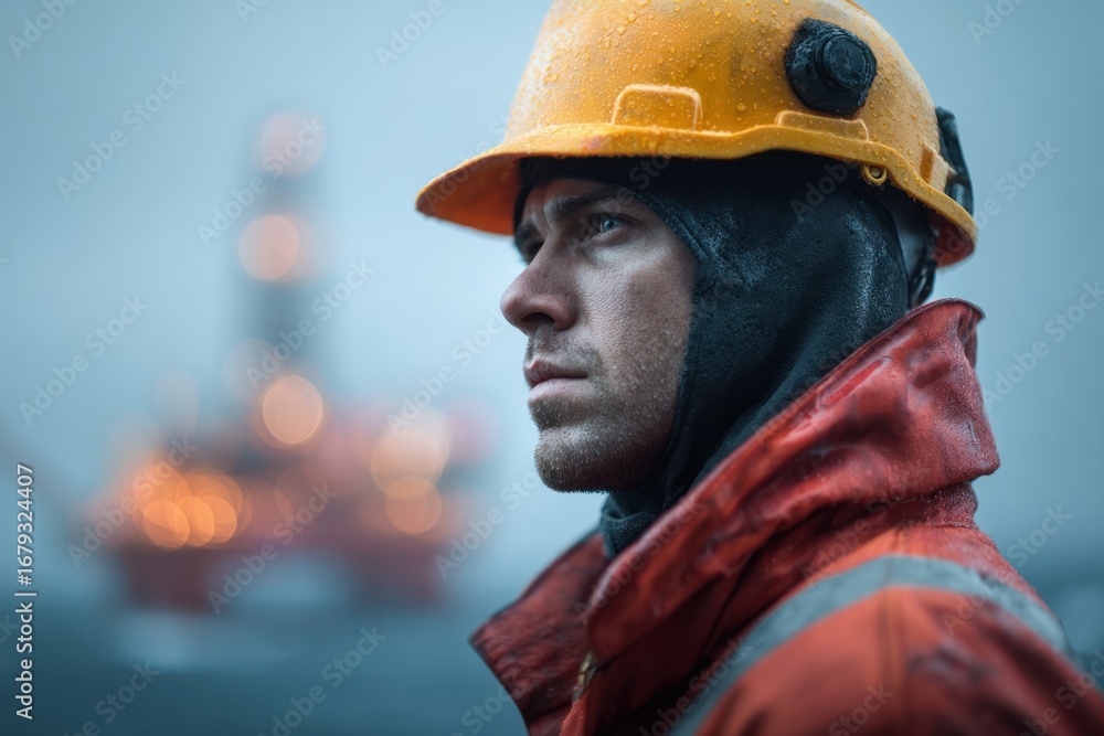 Obraz premium Resilient worker braving stormy seas offshore oil rig portrait harsh weather close-up maritime life