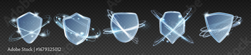 3D shield. Clear immune protect. Glass health safety. Safe and shine medical defence. Spinning circles of sparkles. Plexiglass armor on transparent background. Vector guard objects set