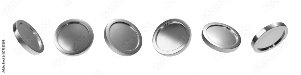 custom made wallpaper toronto digital3D coin. Hologram money element. Holographic game currency or bank monetary icons. Casino token render mockup. White metal in perspective view angles. Vector glossy blank metal chips set
