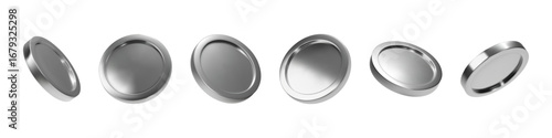 3D coin. Hologram money element. Holographic game currency or bank monetary icons. Casino token render mockup. White metal in perspective view angles. Vector glossy blank metal chips set