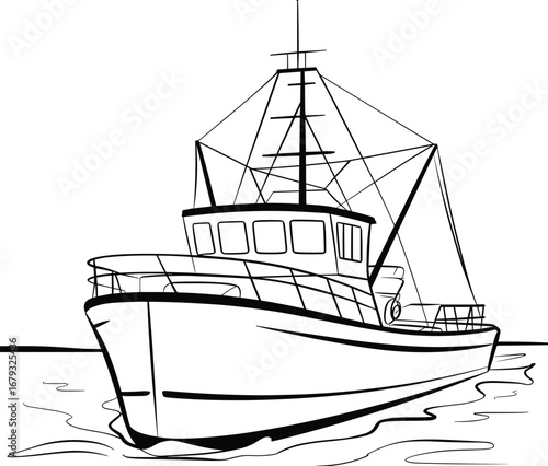 Fishing boat illustration, commercial sea vessel drawing, detailed fishing trawler sketch, maritime artwork, nautical transport line art vector