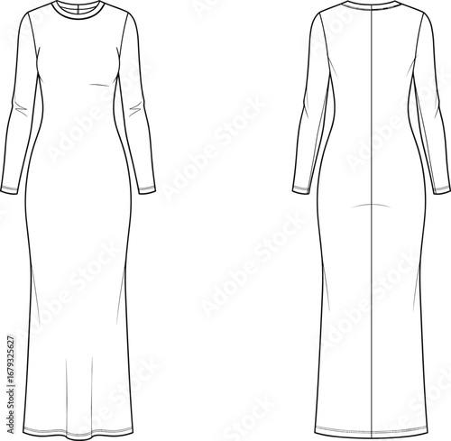 Elegant long sleeve fitted maxi dress fashion flat sketch, technical garment design, front and back CAD drawing vector illustration